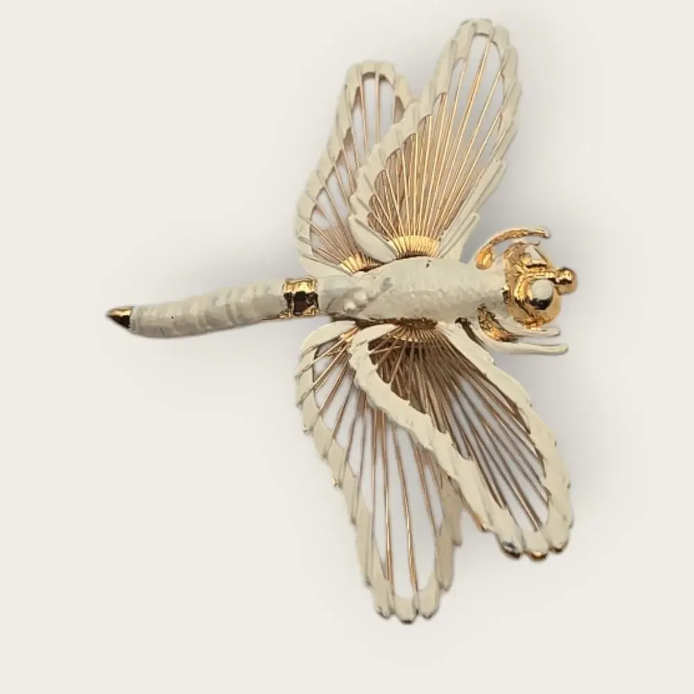 Monet Dragonfly Brooch Ivory Enamel Gold – Spinneret Collection Nature Motif